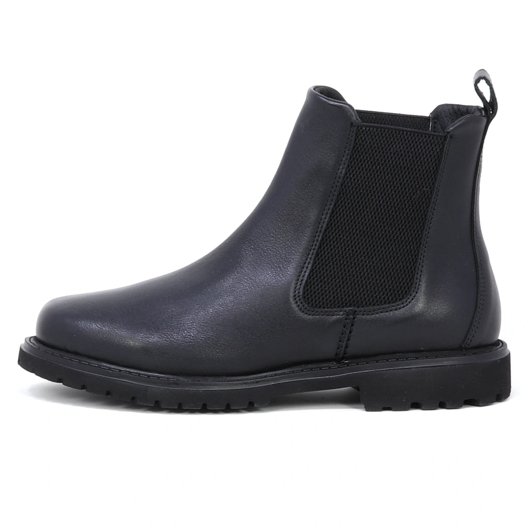 Women’s Brenner Chelsea Boot in black leather, featuring a waterproof design, elastic side panel, back pull tab, and rugged rubber sole; displayed in a left-facing side profile.