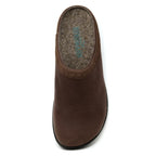 The Men's Graz Leather Clog with Sport Sole is a brown slip-on with a closed toe, wool felt insole, and black recycled rubber sole, shown from above.