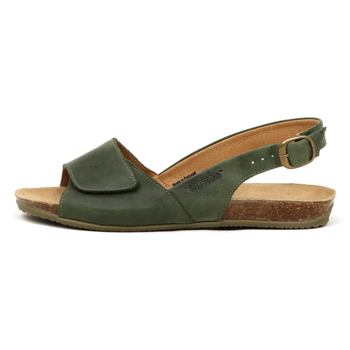 The Women's Clara Slingback Sandal is a green open-toe design featuring an adjustable ankle strap, cork sole, wide front strap, and cushioned footbed for comfort.