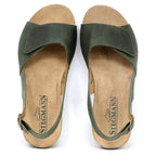 Top view of Women's Clara Slingback Sandal in green leather, featuring cork footbeds with comfort features and adjustable straps.