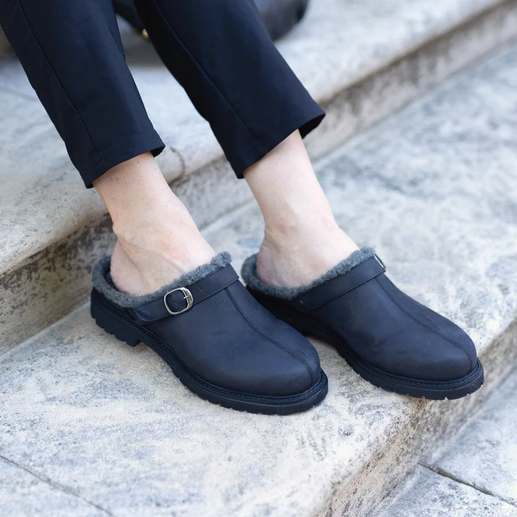 A person sits on stone steps with ankles exposed, wearing the Zermatt Wool Shearling Clog—black slip-on winter clogs crafted with vegetable-tanned leather uppers, a faux fur lining for warmth, and an elegant buckle for a refined yet cozy look.