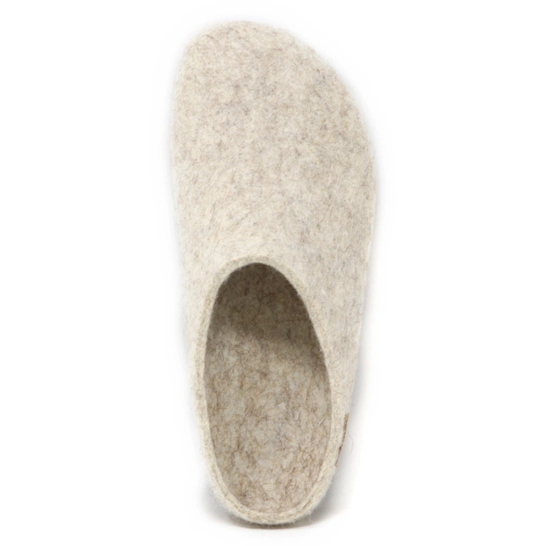A Women's Eco Wool Clog in beige is shown from above on a white background, featuring a wool felt upper and a cork footbed.