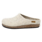The Women's Eco Wool Clog is a beige slipper featuring a closed toe, open back, cork footbed sole, and a small rectangular Stegmann brand tag on the side.