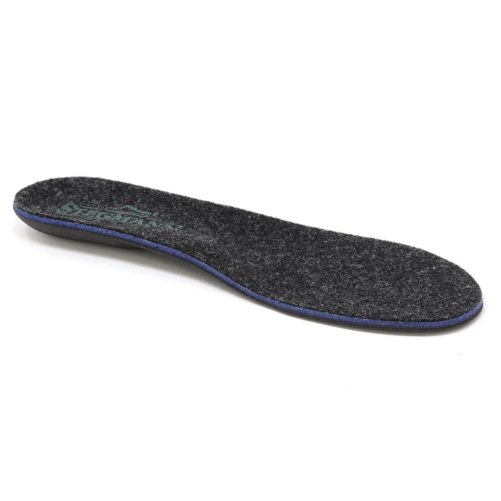 A black Women’s Wool Contour Plus+ Replacement Insole w/Arch with a blue edge, featuring cushioned support for added comfort, is shown on a white background.
