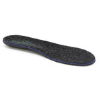 A black Women’s Wool Contour Plus+ Replacement Insole w/Arch with a blue edge, featuring cushioned support for added comfort, is shown on a white background.