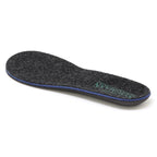 A single black Women’s Wool Contour Plus+ Replacement Insole w/Arch, featuring a blue edge and “STEGER MUKLUKS” printed in green near the heel, designed to provide enhanced comfort and subtle arch support.