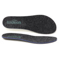 Two dark gray Women’s Wool Contour Plus+ Replacement Insoles w/Arch, featuring “Stegmann” and a shoe logo printed in green on the heel area, are shown from both top and side views. These insoles are designed with arch support for enhanced comfort throughout your day.