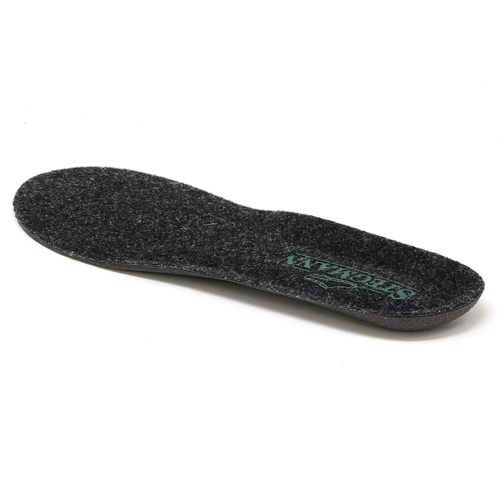 A single Women’s Wool Cushion Replacement Insole - No Arch, shown in black felt with cushioned EVA construction and “SHEPHERD” written in green on the heel, displayed against a white background.