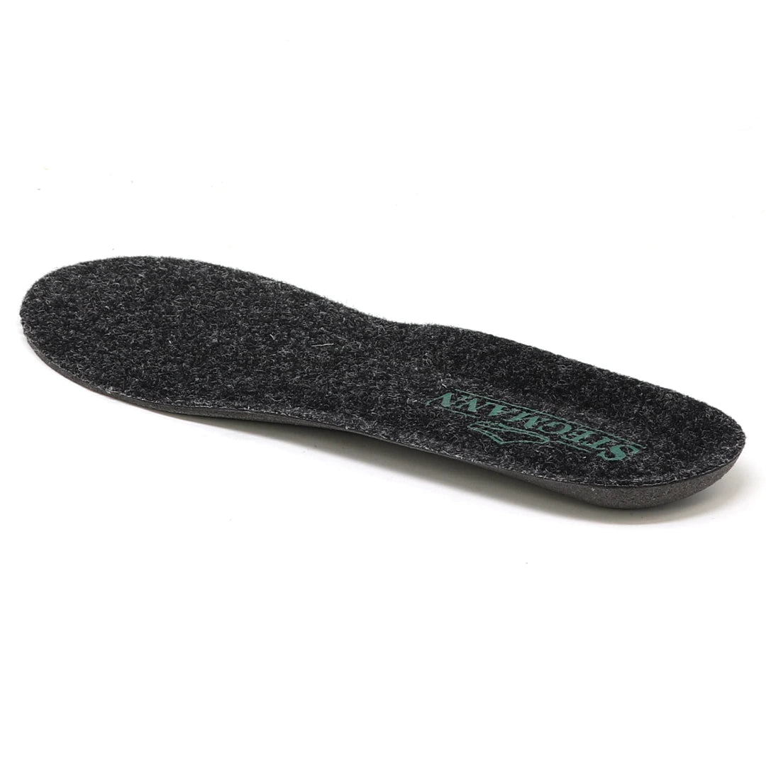 A single Women’s Wool Cushion Replacement Insole - No Arch, shown in black felt with cushioned EVA construction and “SHEPHERD” written in green on the heel, displayed against a white background.
