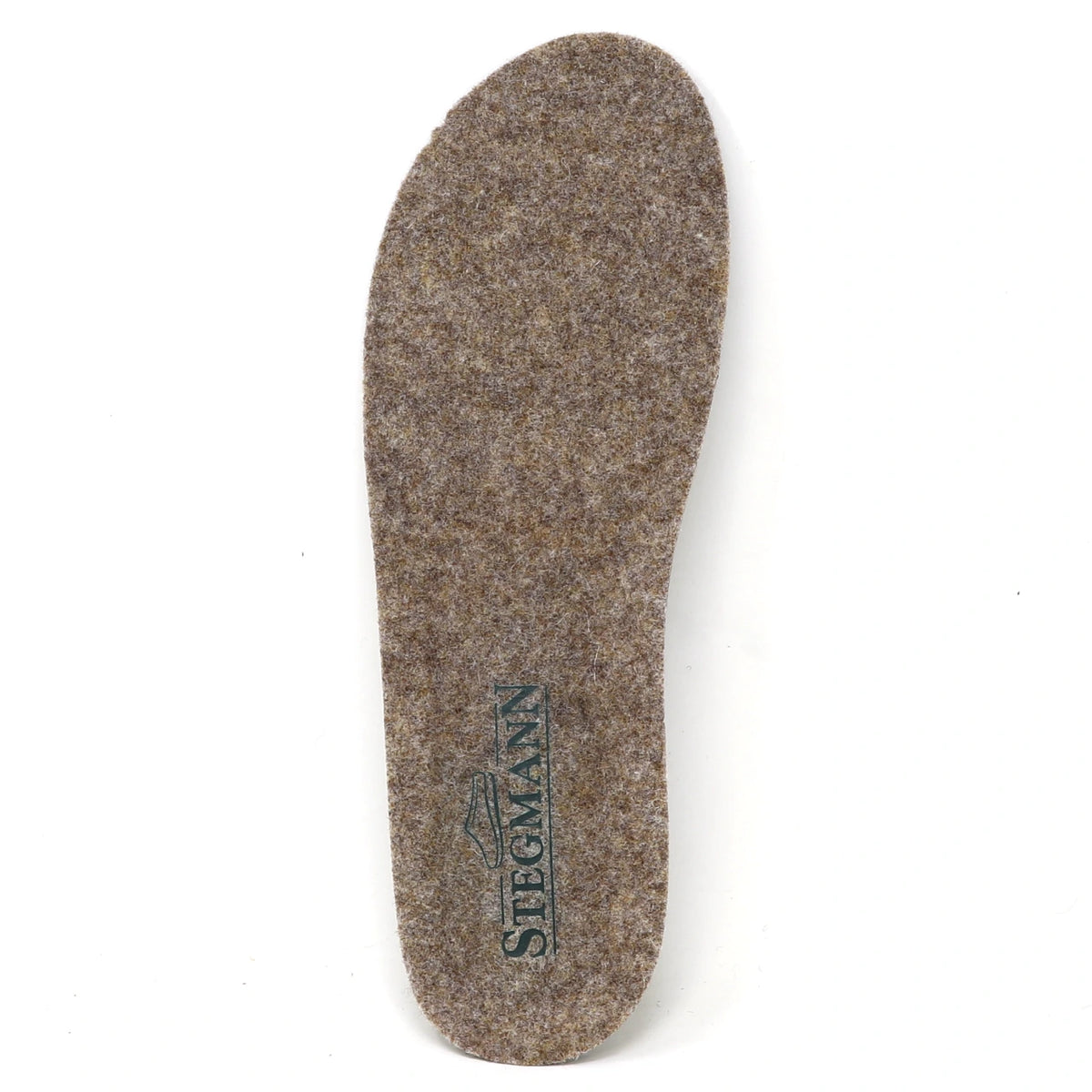 A single Women’s Wool Cushion Replacement Insole - No Arch in gray felt wool, featuring “STEGMANN” printed in green by the heel, designed to add comfort and support to your Stegmann shoes, shown on a white background.
