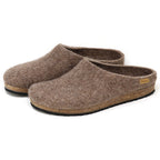 Men’s Eco Wool Clogs in brown with cork midsoles and black rubber outsoles.