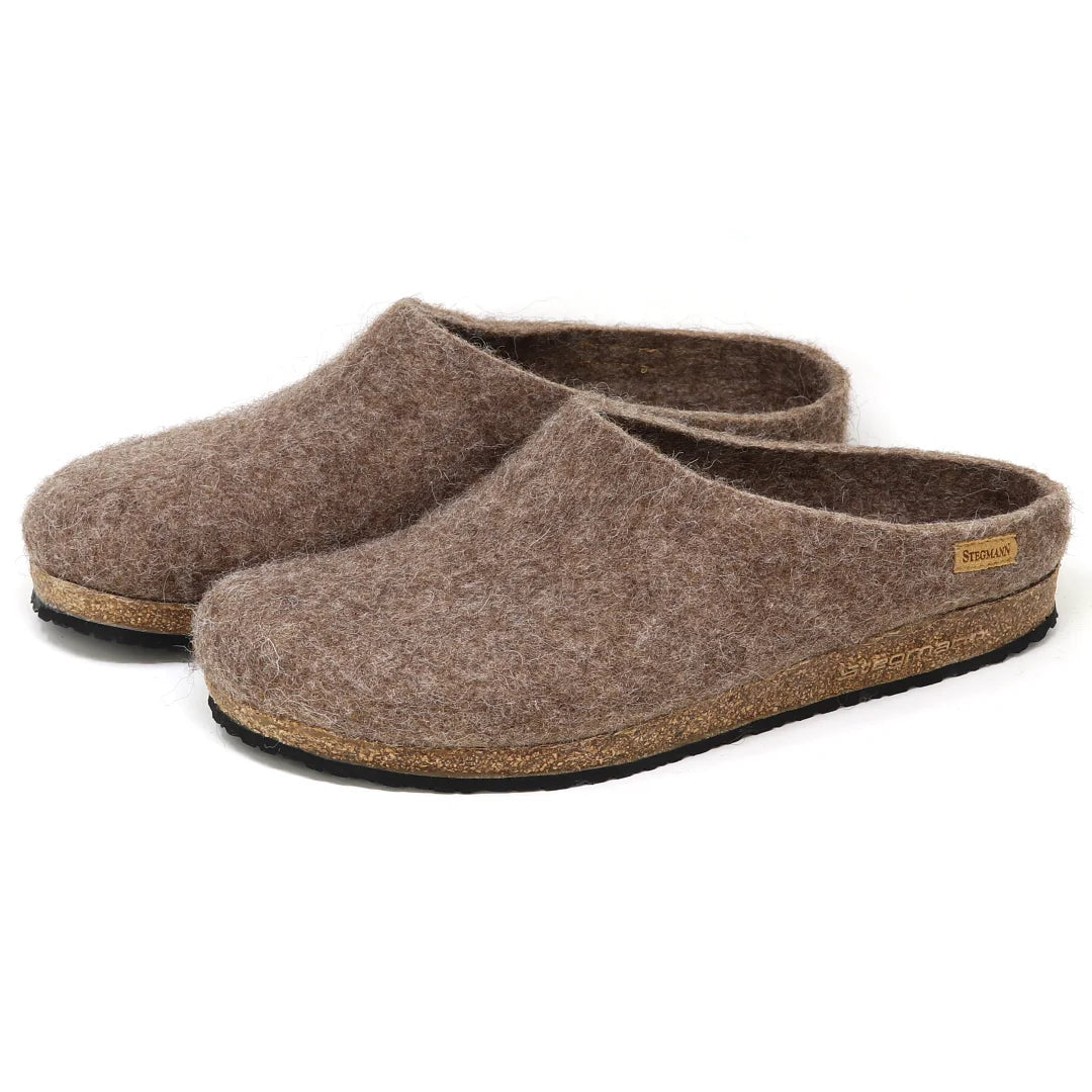 Men’s Eco Wool Clogs in brown with cork midsoles and black rubber outsoles.