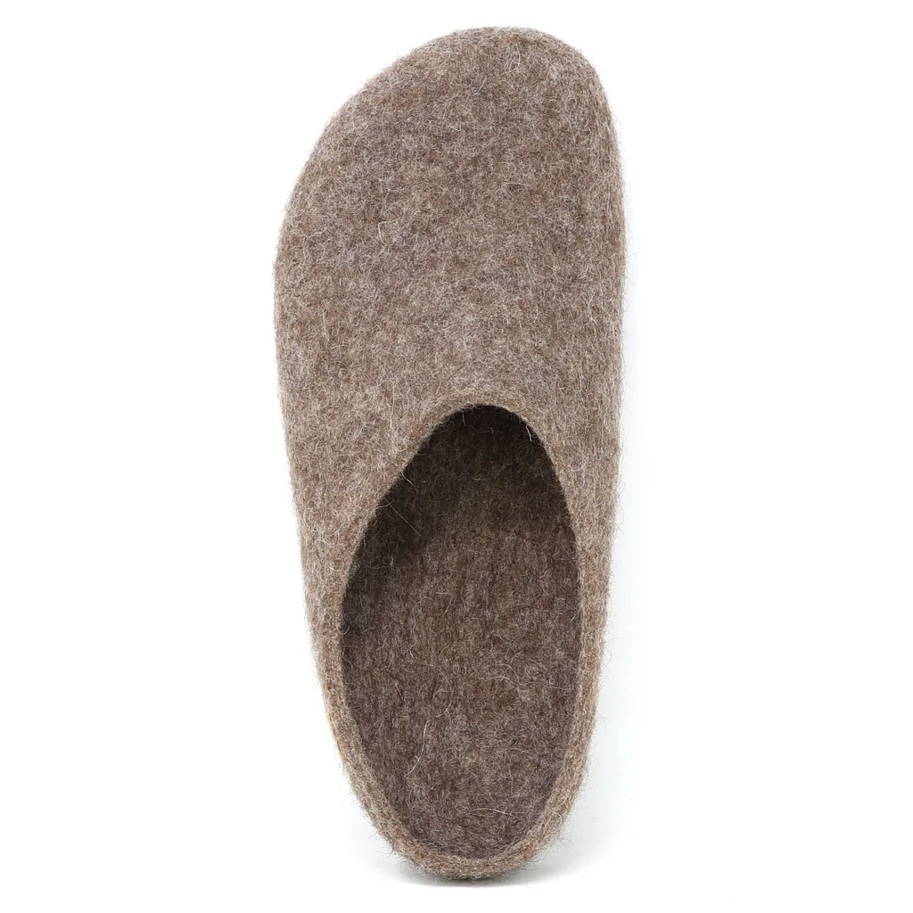Top-down view of a handmade brown Men’s Eco Wool Clog.