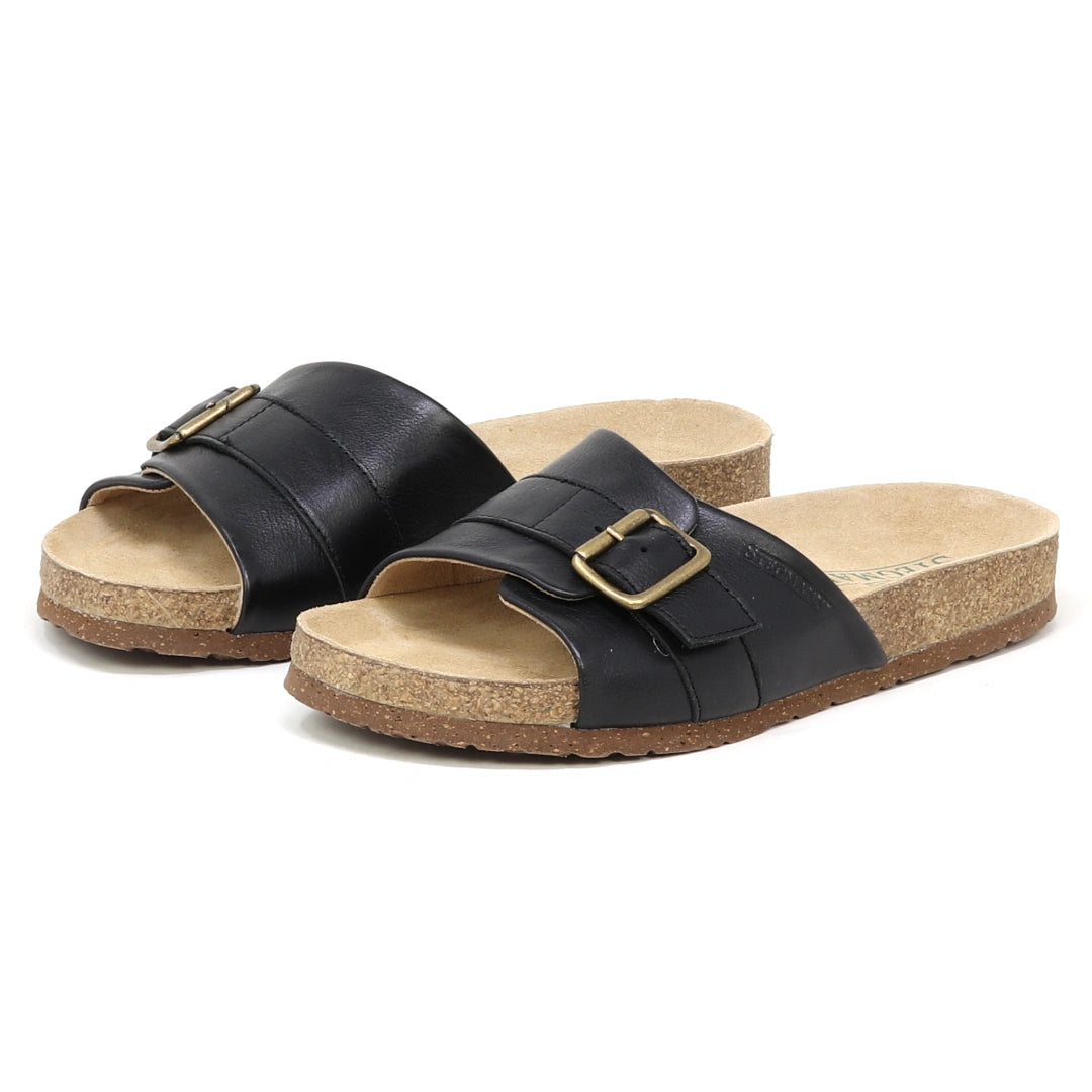 The Women's Ella Slide Sandal features black slip-on design with adjustable leather straps and contoured cork footbeds, shown on a white background.