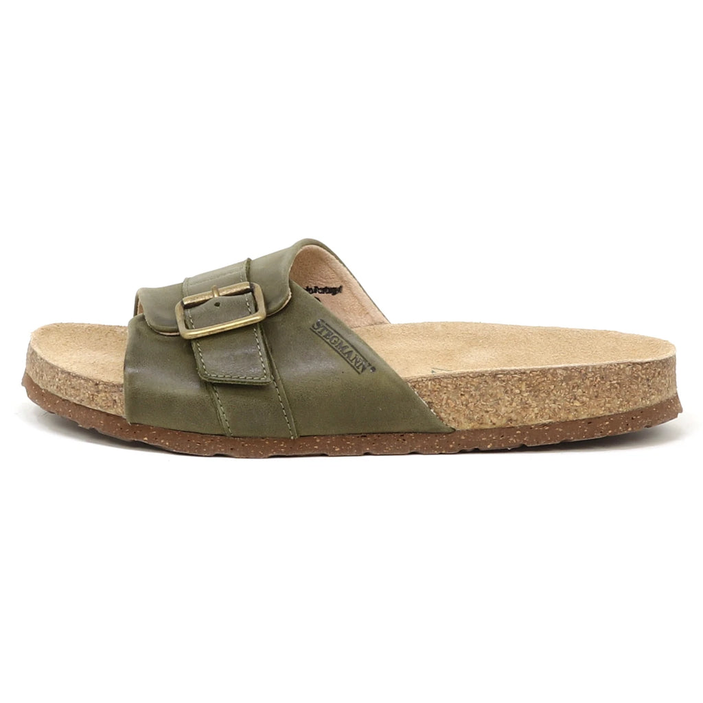 The Women's Ella Slide Sandal features an olive green leather strap with an adjustable buckle, contoured cork footbed, and flat rubber sole, shown in a side view.