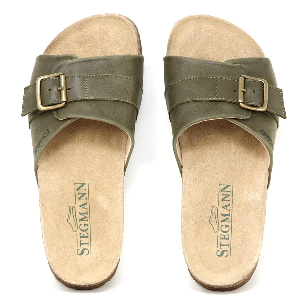 A pair of olive green Women's Ella Slide Sandals with leather straps, adjustable buckles, and tan contoured cork footbeds, viewed from above.