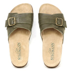 A pair of olive green Women's Ella Slide Sandals with leather straps, adjustable buckles, and tan contoured cork footbeds, viewed from above.