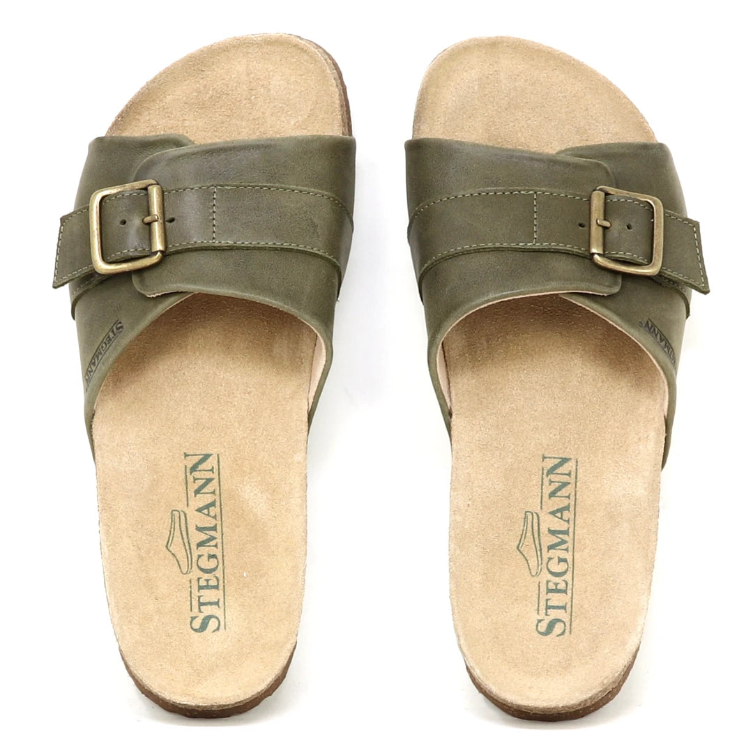 A pair of olive green Women's Ella Slide Sandals with leather straps, adjustable buckles, and tan contoured cork footbeds, viewed from above.