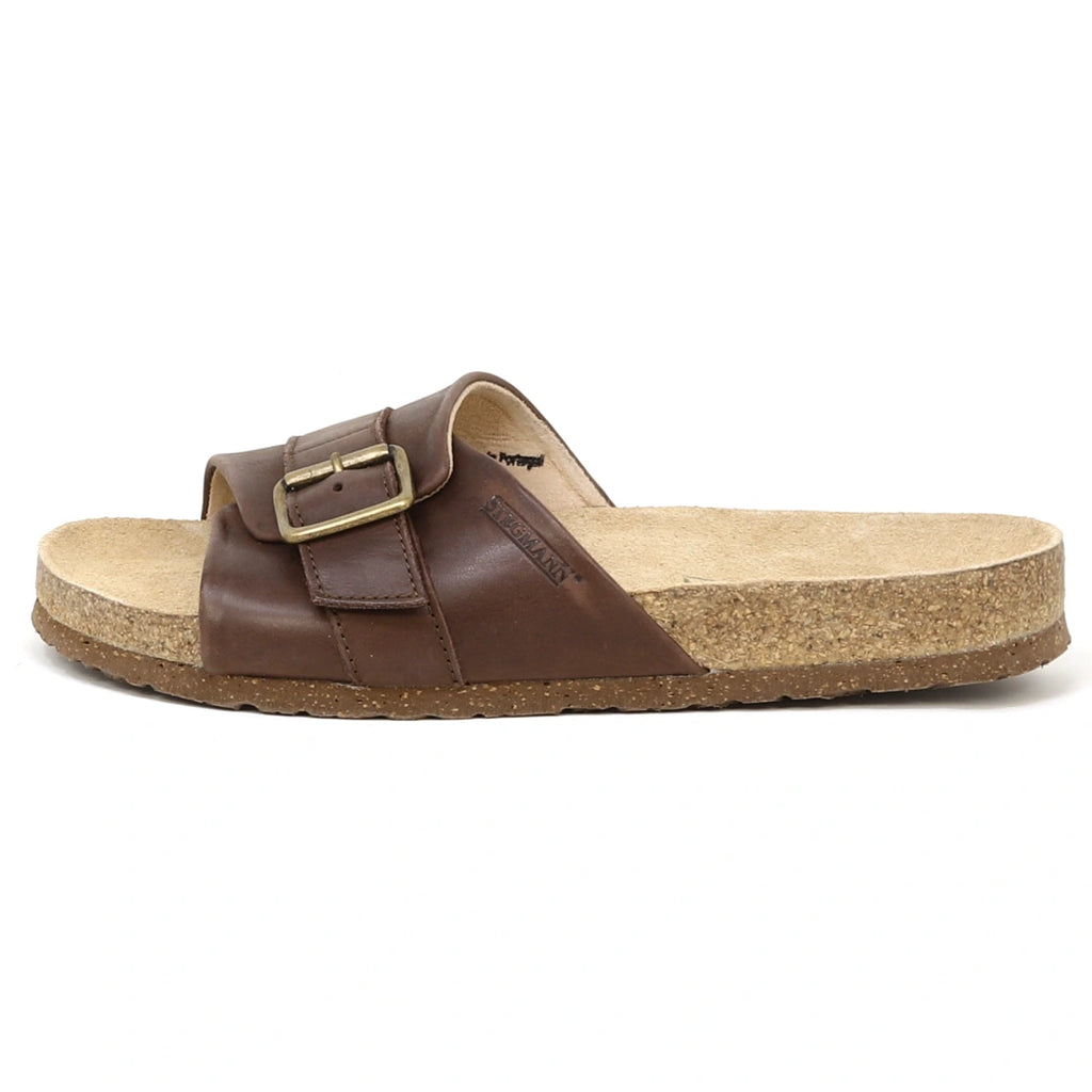 The Women's Ella Slide Sandal, featuring brown leather, a buckle, and a contoured cork footbed inspired by the classic Birkenstock Gizeh, is displayed from the side against a white background.