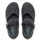 A pair of Women's Eva Wool Mary-Jane slip-on clogs in dark grey felt with buckled straps and a wide toe box for extra comfort, viewed from above. Insoles are branded "Stegmann.