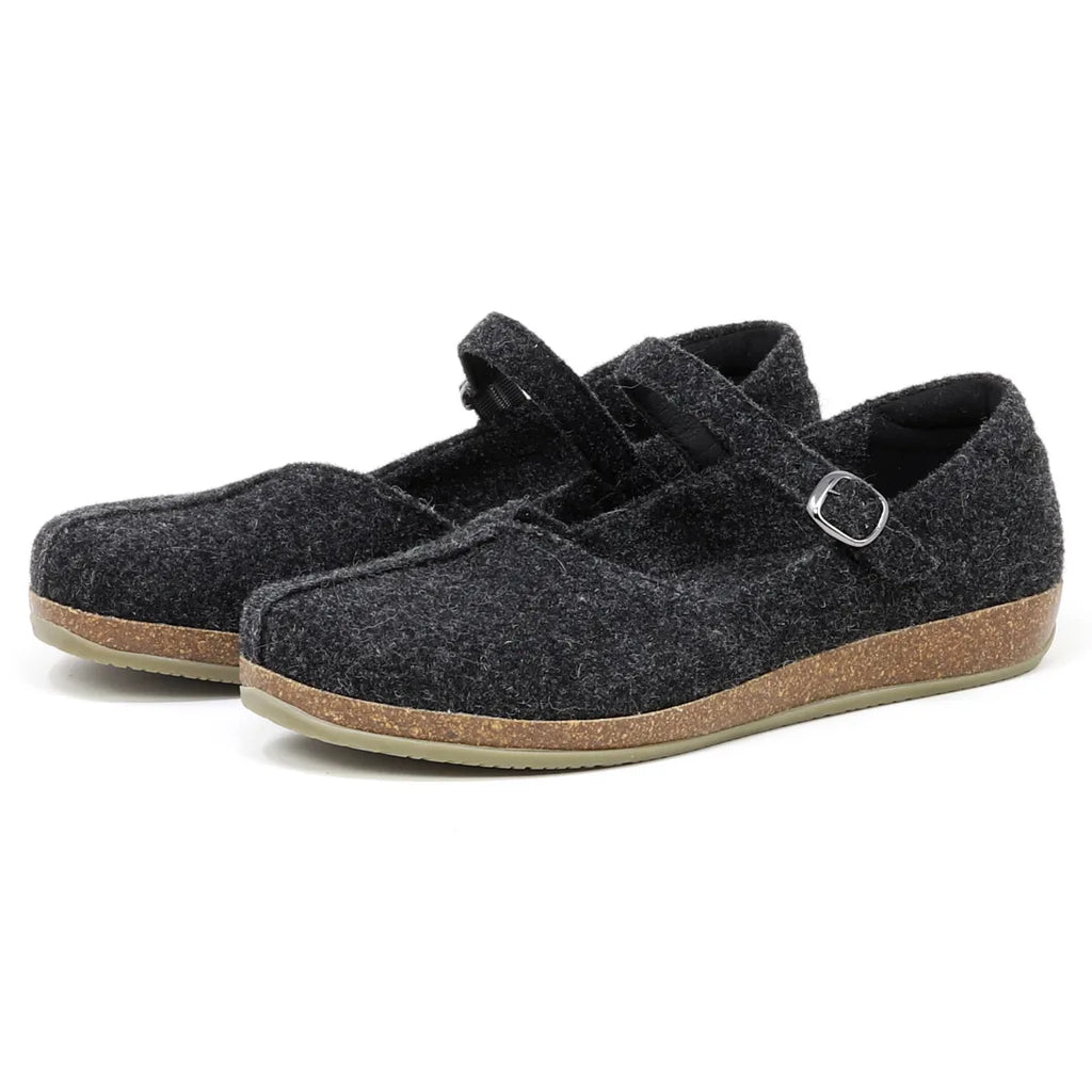 A pair of Women's Eva Wool Mary-Jane felt shoes in dark grey with a wide toe box, cork soles, and adjustable straps is displayed on a white background.