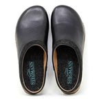 Pair of bunion-friendly Women's Graz Leather black clogs on a white background, viewed from above.