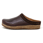 Women's Graz Leather Clog in brown, designed for bunion comfort with vegetable-tanned leather and a cork sole, side view.