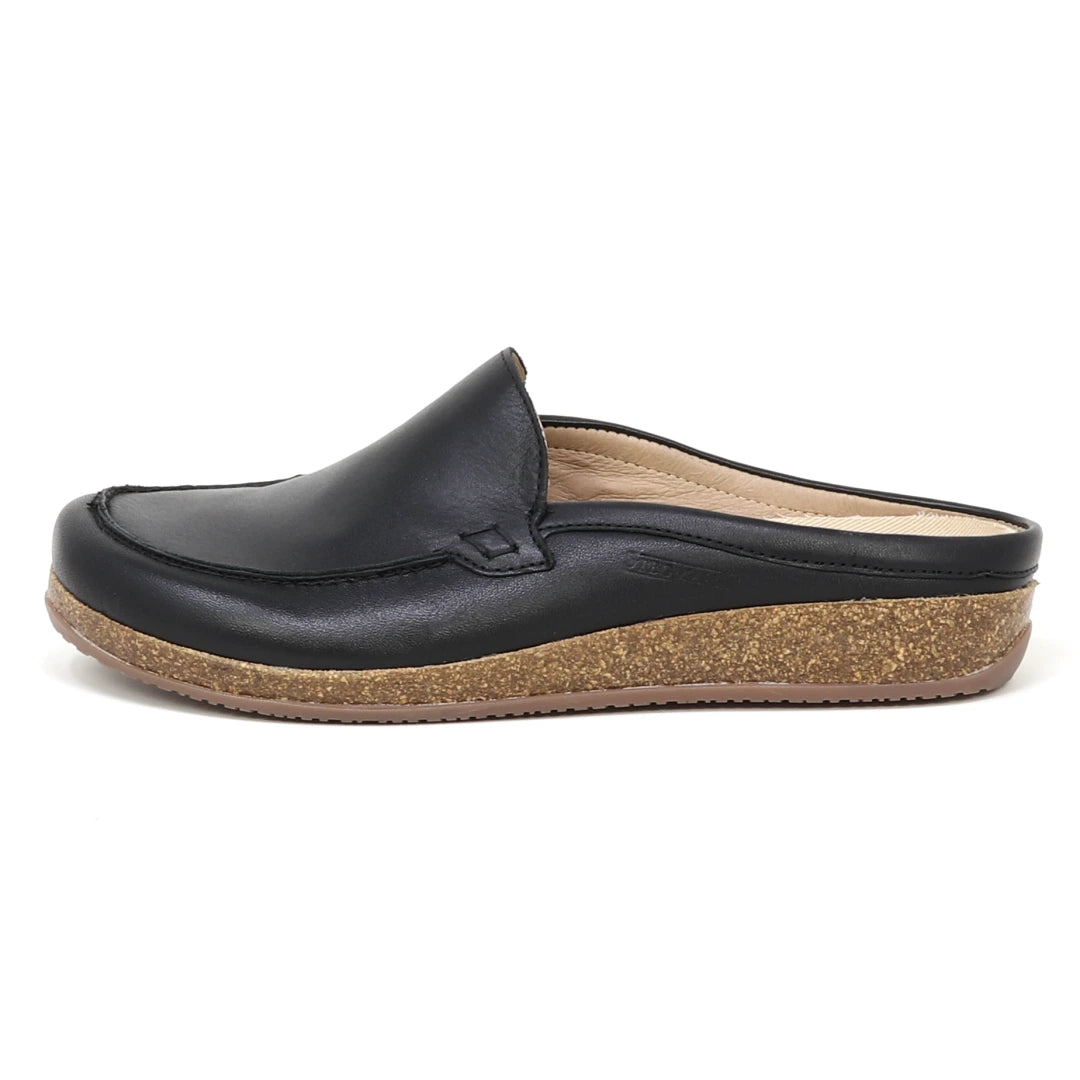A Women's Greta Leather Mule in black, crafted from leather with excellent arch support and a cork and rubber sole, shown on a white background.