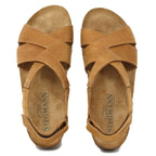 Try the Women's Hannah Leather Sandal - Medium: brown leather with crisscross straps, adjustable back straps, and a cushioned suede footbed for top comfort. Featuring the "Stegmann" label on insoles, these sandals provide excellent arch support for all-day wear.