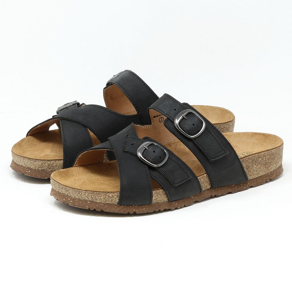 The Women's Heidi Leather Sandal - Medium features a black leather design with ultra-cushy footbed, two adjustable buckle straps, and a sustainable cork midsole.