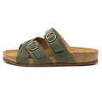 The Women's Heidi Leather Sandal - Medium is a green slip-on with an ultra-cushy footbed, two buckle-adjustable straps, a sustainable cork sole, and a textured rubber bottom.