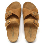 Women's Heidi Leather Sandals in tan leather feature adjustable buckle straps and "Stegmann" printed insoles. They include a sustainable cork midsole for enhanced comfort, viewed from above.