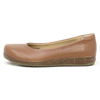 The Women's Helene Ballet Flat is shown in side profile with a single brown leather design, rounded toe, and cork-textured sole for a comfortable fit.