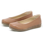 The Women's Helene Ballet Flat features tan color, rounded toes, and cork-style soles for comfort, displayed on a white background.