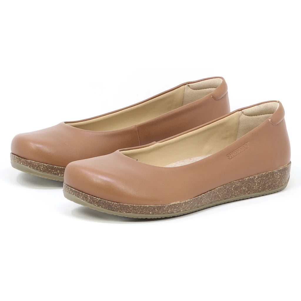 The Women's Helene Ballet Flat features tan color, rounded toes, and cork-style soles for comfort, displayed on a white background.