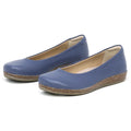 Women's Helene Stretch Leather Ballet Flat—blue with rounded toes, beige interiors, and cork-textured flat soles. Designed to be bunion-friendly for enhanced comfort, shown on a white background.