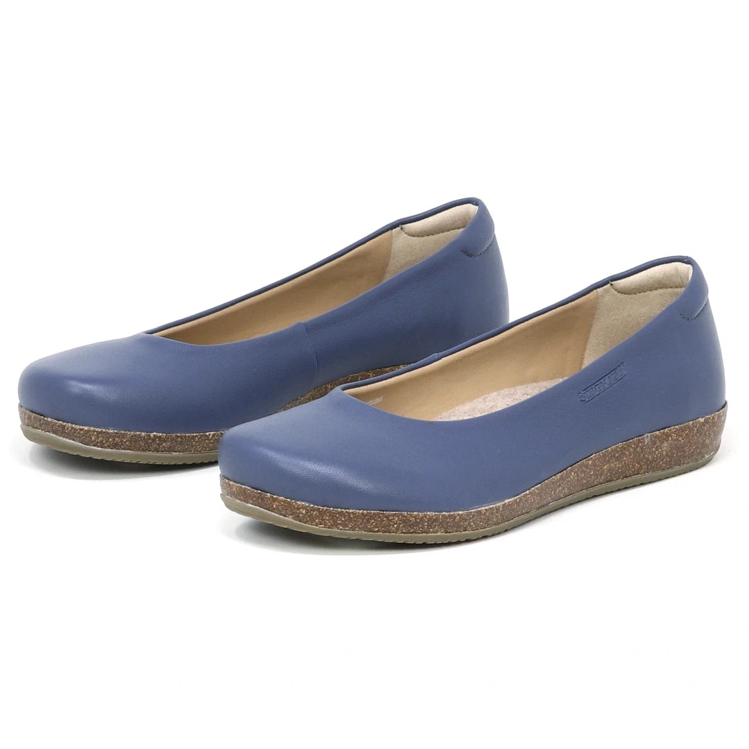 Women's Helene Stretch Leather Ballet Flat—blue with rounded toes, beige interiors, and cork-textured flat soles. Designed to be bunion-friendly for enhanced comfort, shown on a white background.