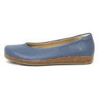 Women's Helene Stretch Leather Ballet Flat in blue leather features a rounded toe, brown cork sole, and bunion-friendly design for plantar fasciitis relief. Displayed in left side profile on a white background.