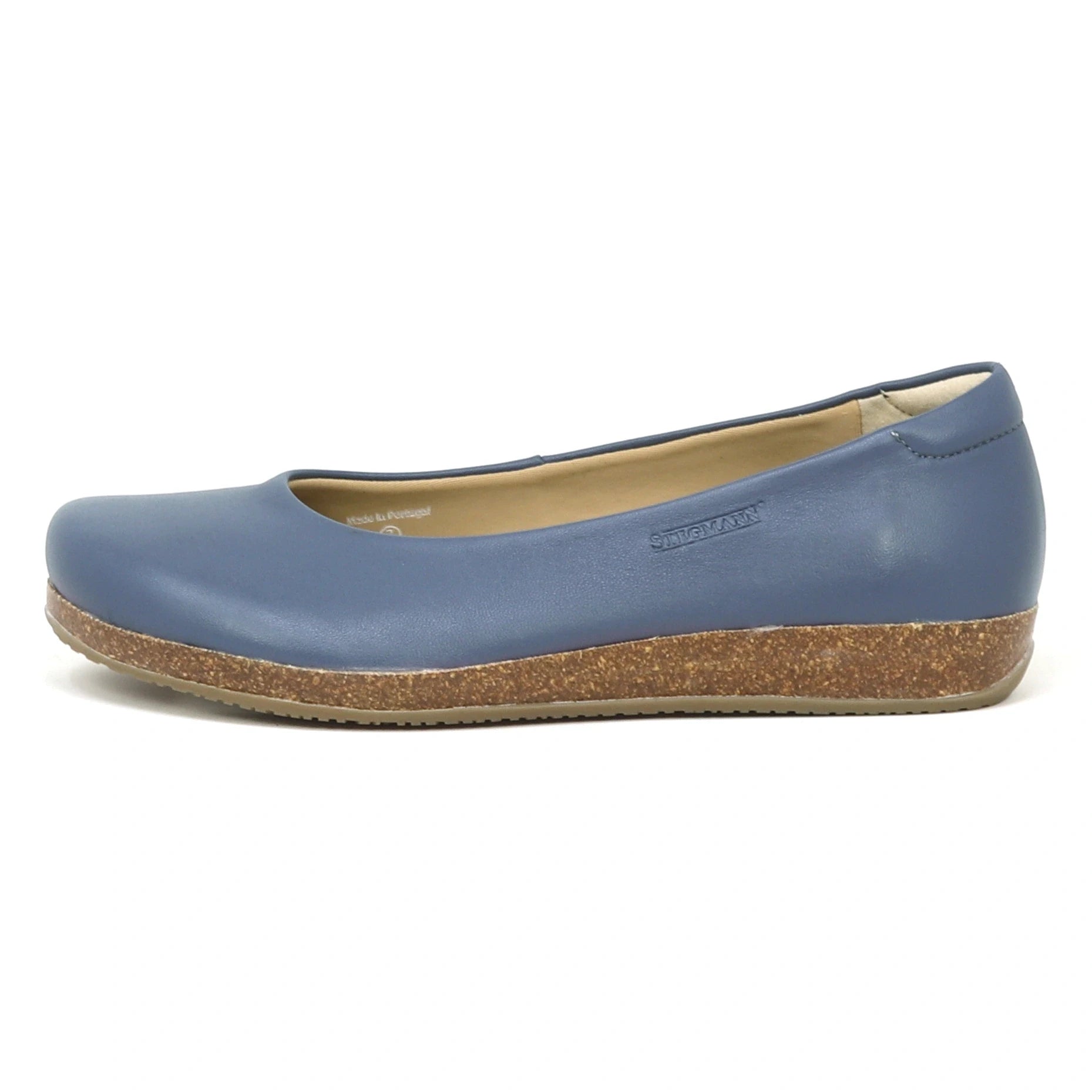 Women's Helene Stretch Leather Ballet Flat in blue leather features a rounded toe, brown cork sole, and bunion-friendly design for plantar fasciitis relief. Displayed in left side profile on a white background.