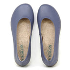 A pair of Women's Helene Stretch Leather Ballet Flats in purple, shown from the top with rounded toes and beige insoles featuring Stegmann branding—bunion friendly design for extra comfort.