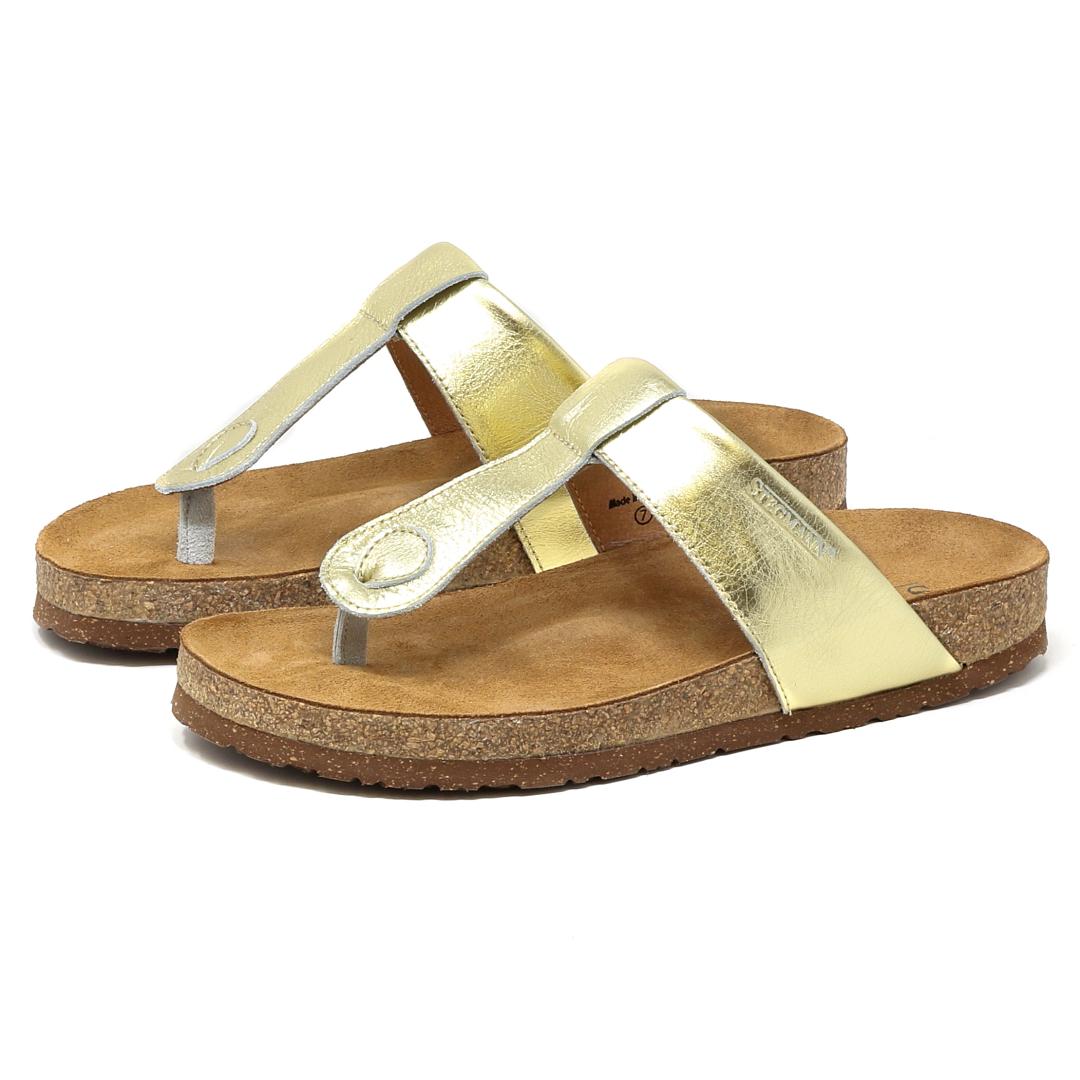 The Women's Inga Leather Sandal features gold metallic thong straps and sustainable cork soles, with a front view design reminiscent of classic Birkenstock Gizeh.