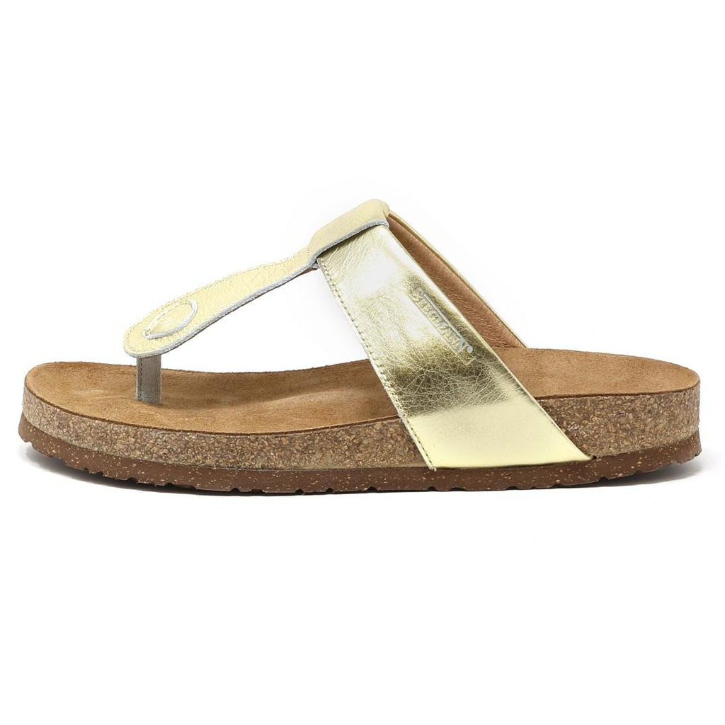 A side view of a Women's Inga Leather Sandal with a sustainable cork footbed and gold thong strap on a white background, reminiscent of the timeless Birkenstock Gizeh style.