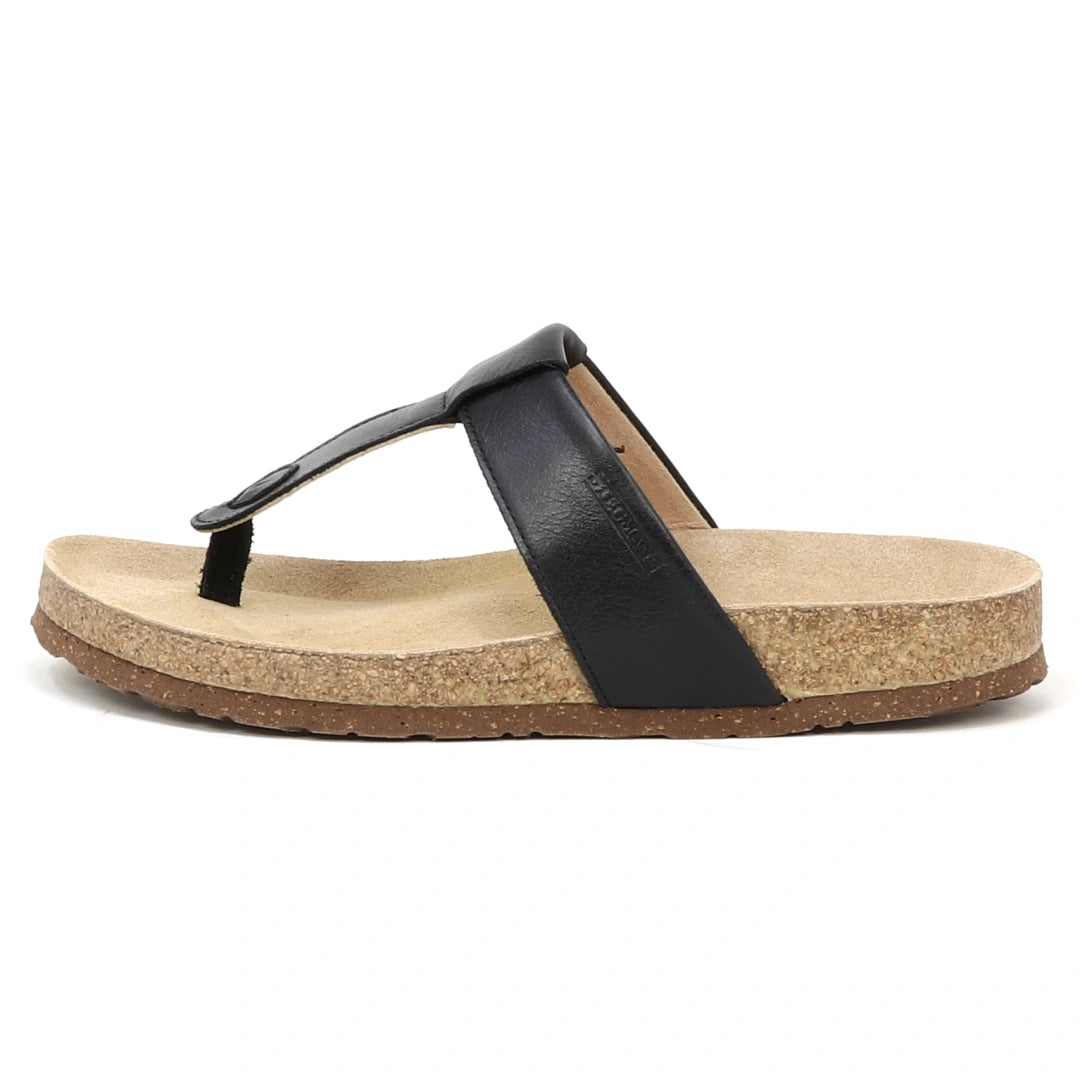 The Women's Inga Leather Sandal features a single black leather thong strap, a contoured cork footbed for arch support, and a flat brown sole, shown from the side.