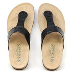A top-down view of the Women's Inga Leather Sandal in beige leather with black straps and a contoured cork footbed offering arch support.