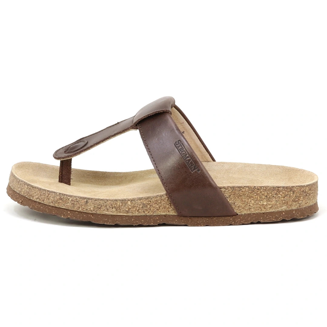 The Women's Inga Leather Sandal features brown leather straps, a contoured cork footbed, and a beige insole, shown side view on a white background. Enjoy stylish arch support and comfort for everyday wear.