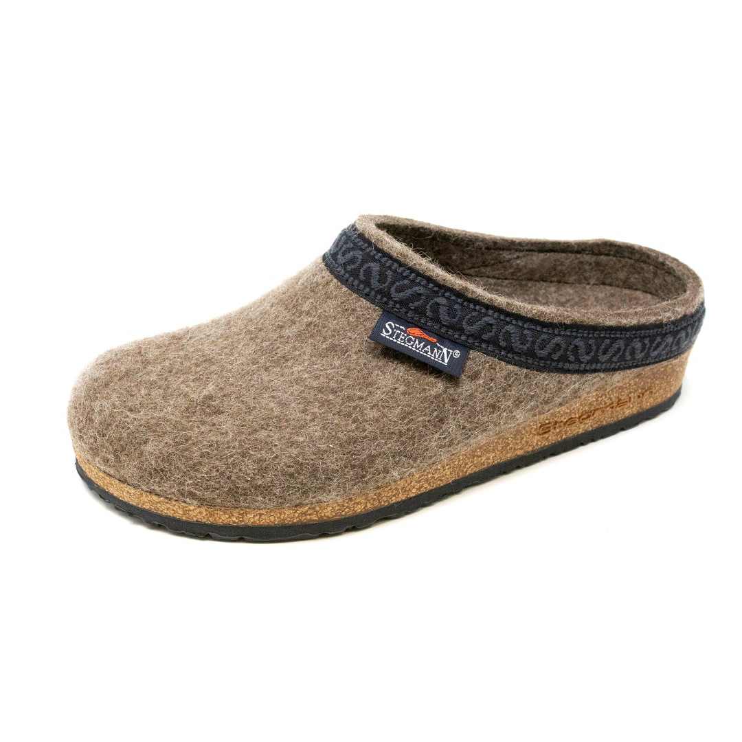 Women’s Original 108 Wool Clog - Wide in taupe merino wool felt with a dark patterned trim, a cork midsole, and a black rubber sole, designed for comfort.