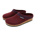 The Women's Original 108 Wool Clog - Medium features burgundy Merino wool, cork soles, black trim, and a Stegmann label—offering women a stylish and supportive orthopedic shoe choice.