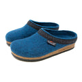 The Women's Original 108 Wool Clog - Medium features blue Merino wool felt, black patterned trim, cork soles, and a Stegmann label—crafted for comfort and ideal for plantar fasciitis relief.