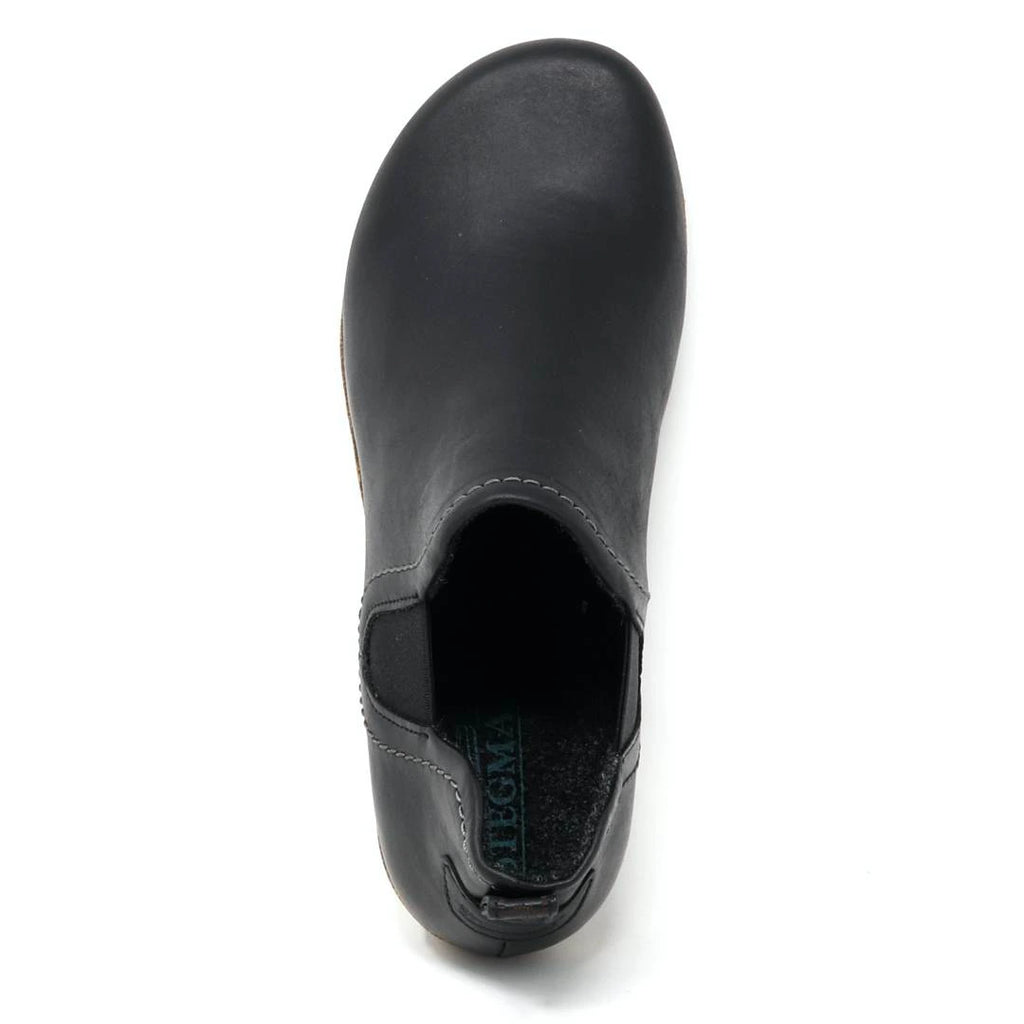 Top view of a Women's Lieben Leather Chelsea Boot in black vegetable tanned leather, slip-on style with visible stitching and a partially visible insole marked "JEGMA".