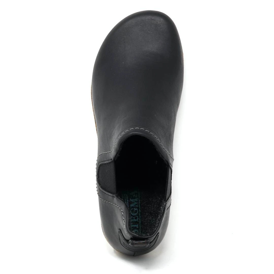 Top view of a Women's Lieben Leather Chelsea Boot in black vegetable tanned leather, slip-on style with visible stitching and a partially visible insole marked "JEGMA".